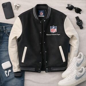 New Men's NFL Varsity Leather Bomber Jacket, Size Medium - Retails for‎ $160
